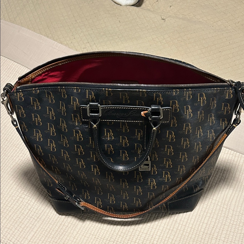 Dooney & Bourke Black & gold Monogram Tote W/black leather trim & shoulder strap
